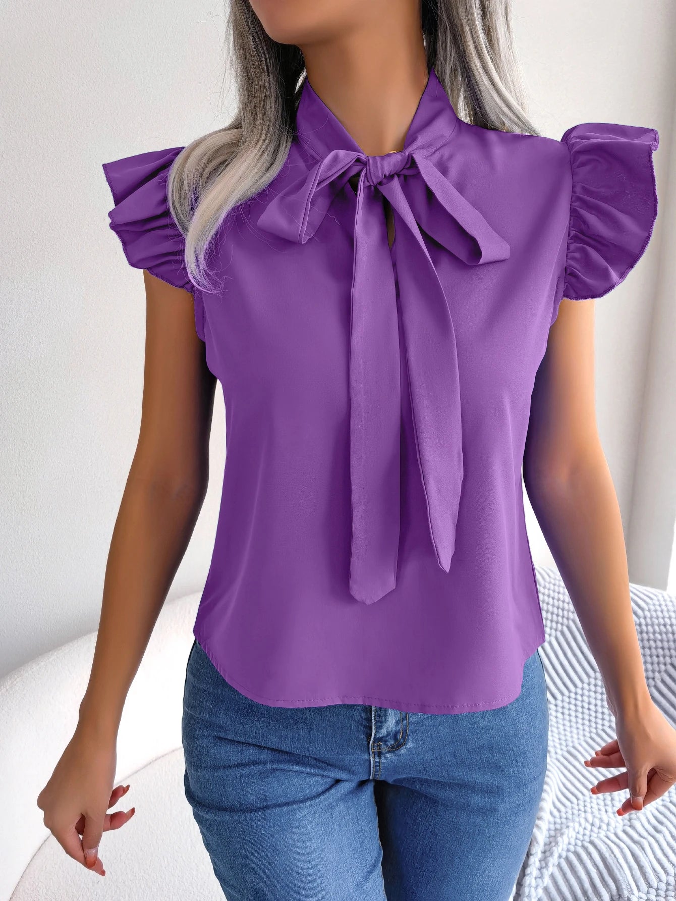 Women's Casual Bow Ruffle Short Sleeve  Blouse