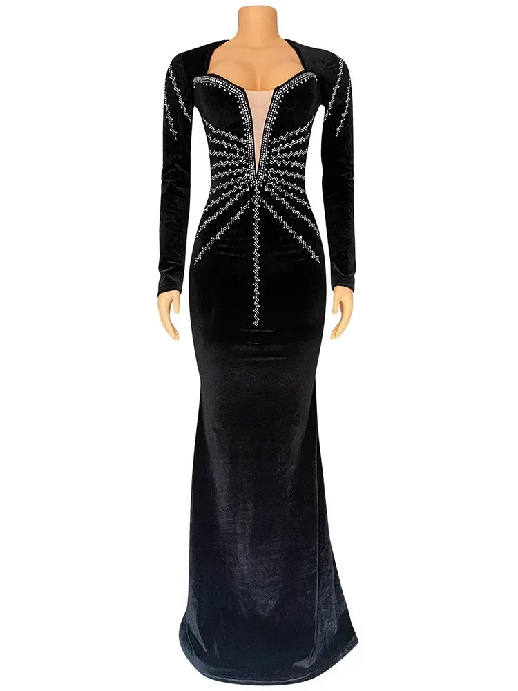 Elegant Diamonds Velvet Long  Deep V Evening