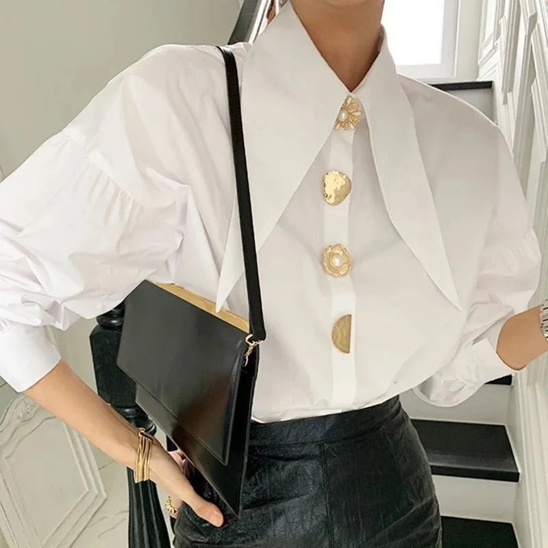 Elegant Pearl  Shirts Sharp Corner Collar Long Sleeve