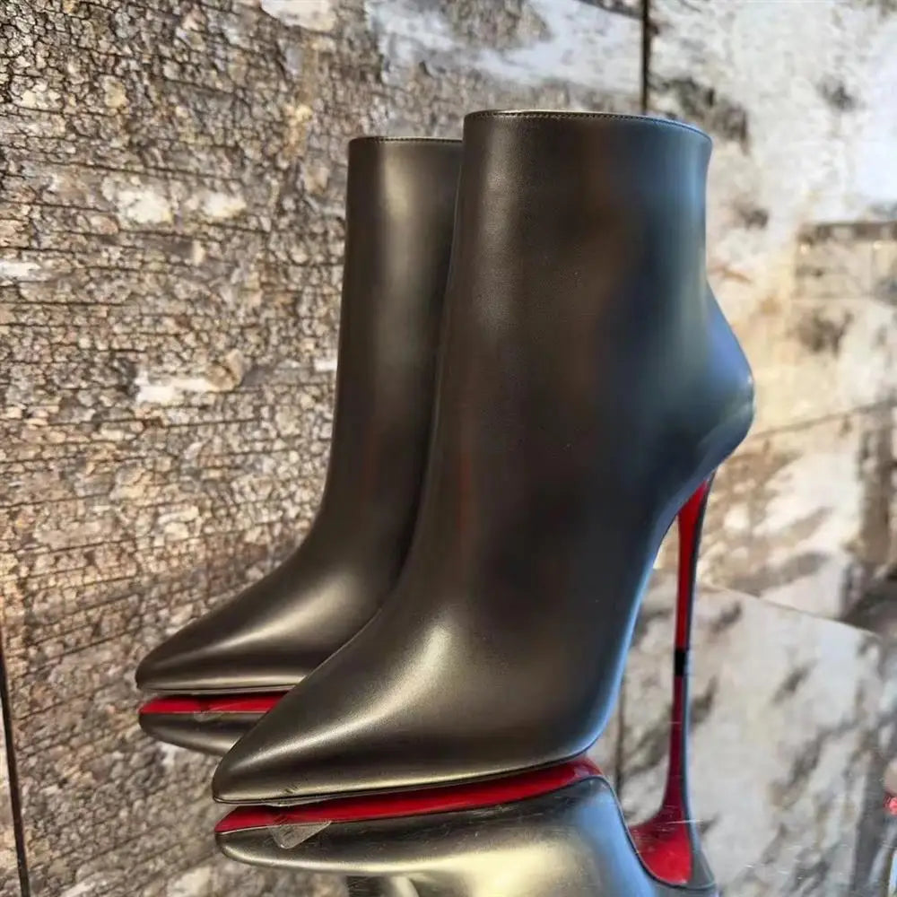 Leather Black Pointed Red Bottom Thin Heels