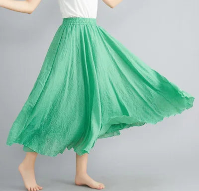 Cotton Linen Dress Elastic Waist Long Skirts