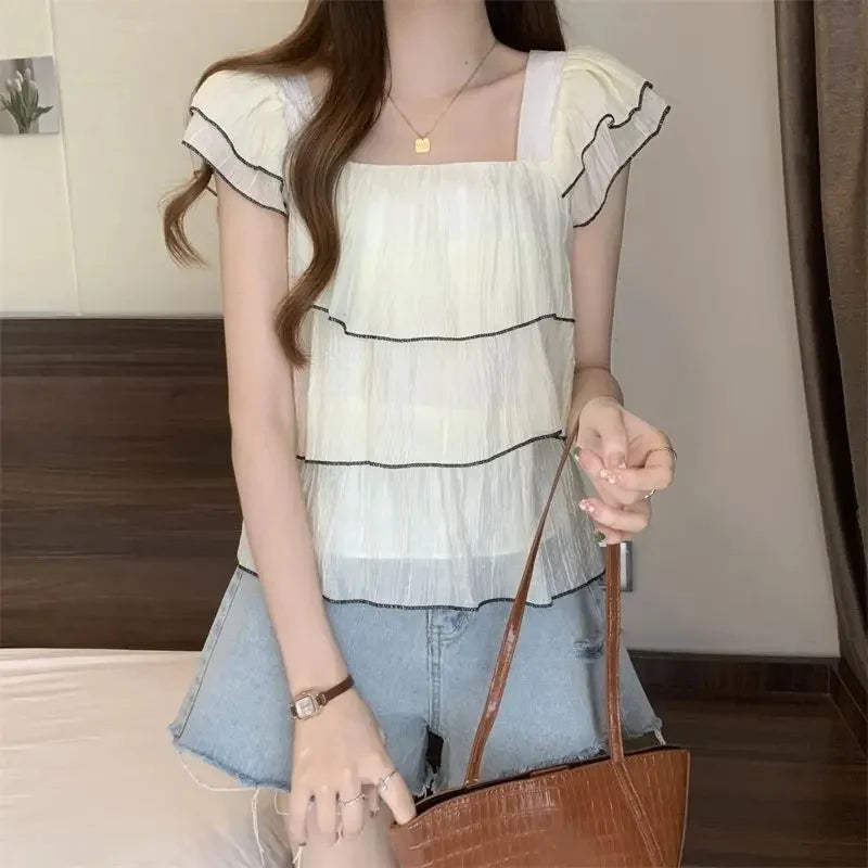 Short Sleeve Chiffon Blouse Ruffle Edge