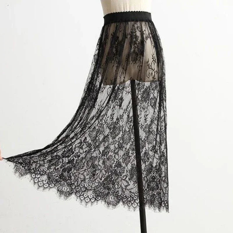 Transparent Lace Mesh Skirt Elastic High Waist