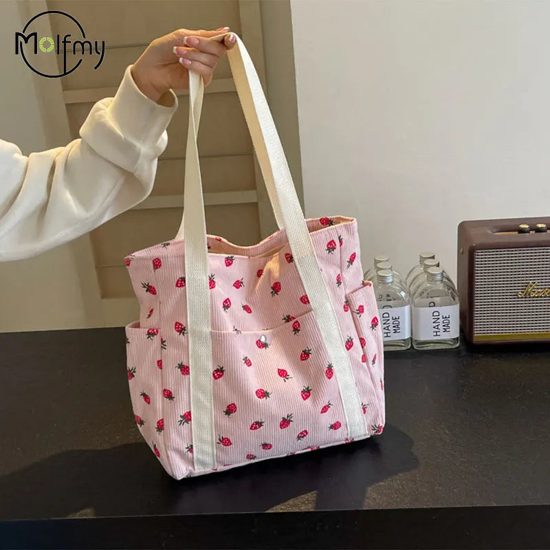 Strawberries Corduroy Shoulder Women's Tote Bags