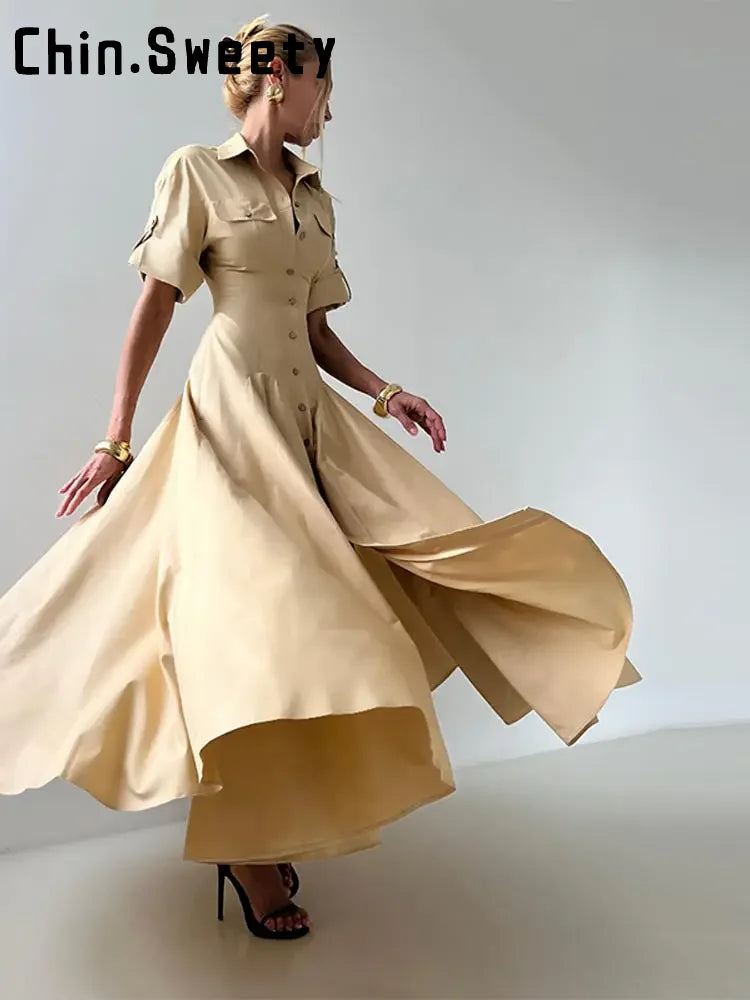 Khaki Long Dress Short Sleeve  A-line