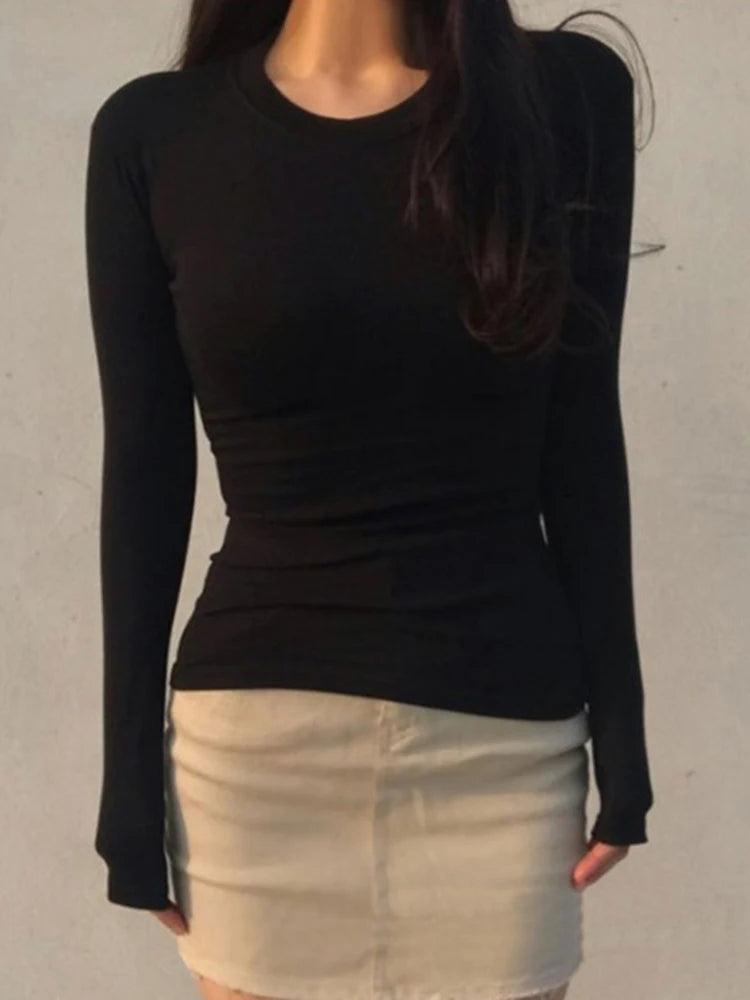 Slim Cotton O-neck Long Sleeve Women T shirt