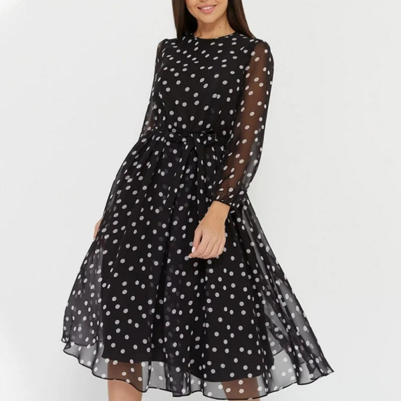 Long Sleeve O-neck Polka Dot Evening Dress