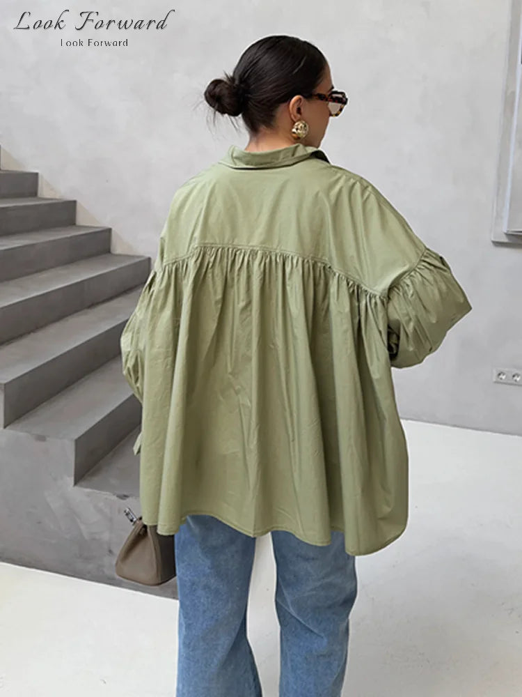 Lantern Sleeve Buttons Turn-Down Collar Pleated Blouse