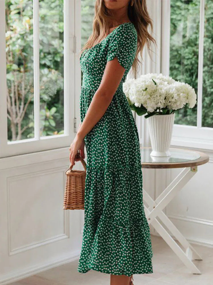 Puff Sleeve Casual Square collar floral maxi