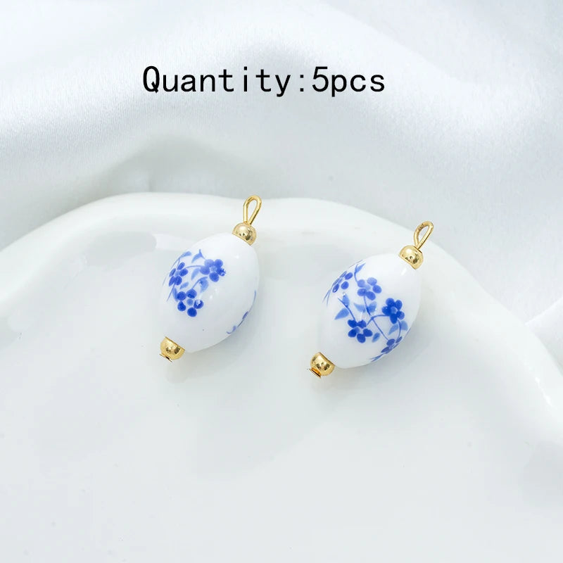 5Pcs Blue printing Adorable Ceramic Charms