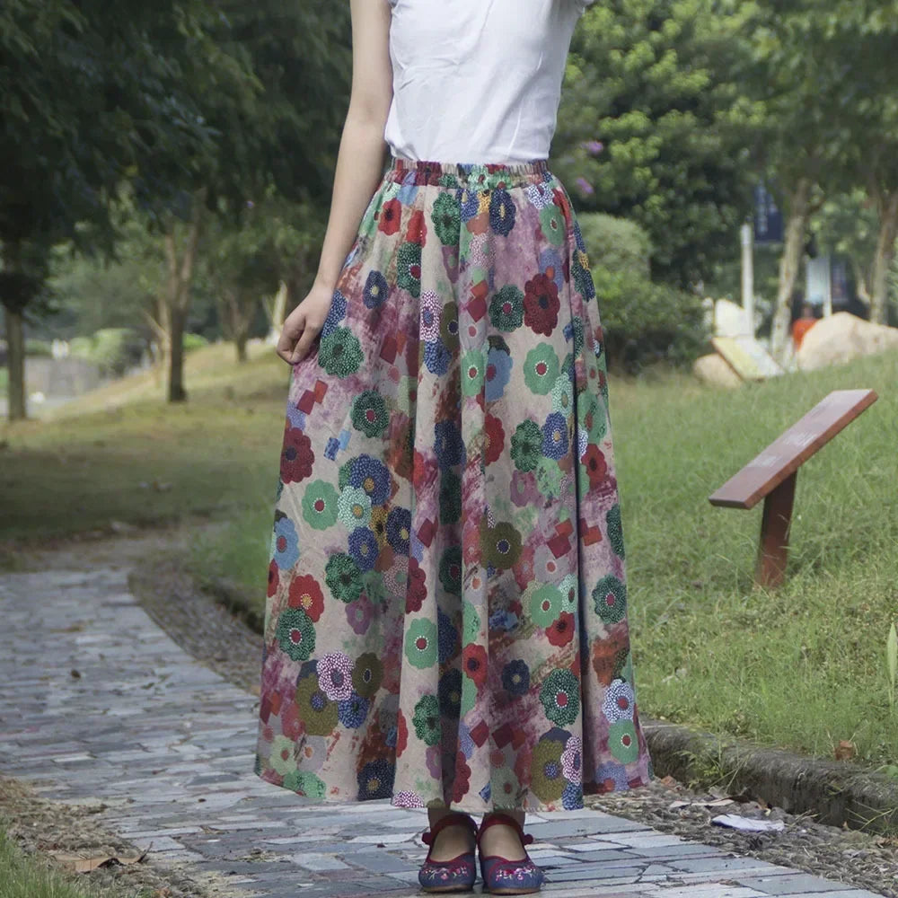 Cotton Linen Print Long Skirt Vintage