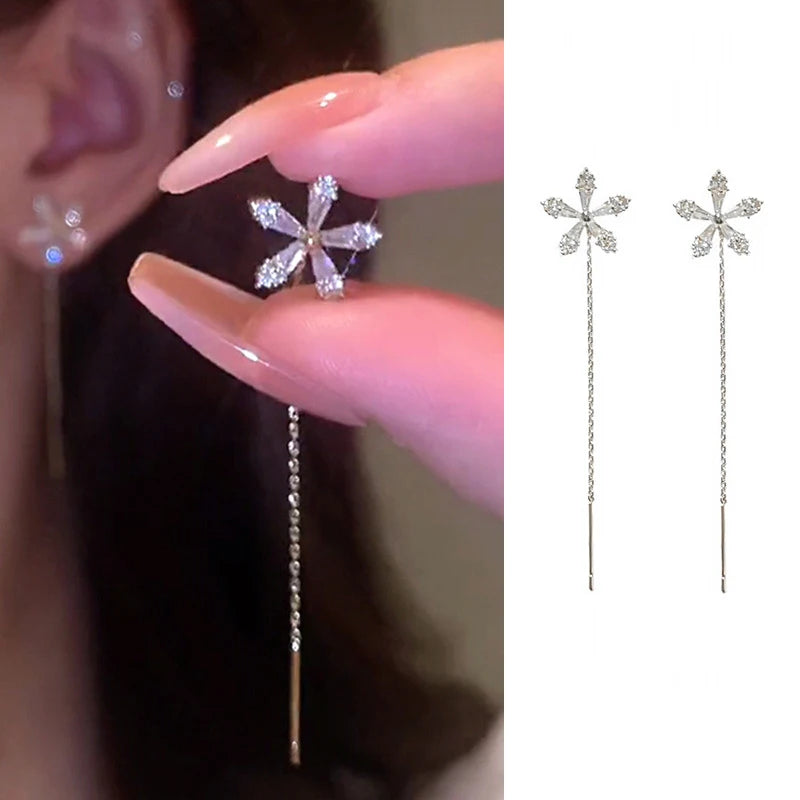 Silver Needle Star Line Tassel Drop Earring