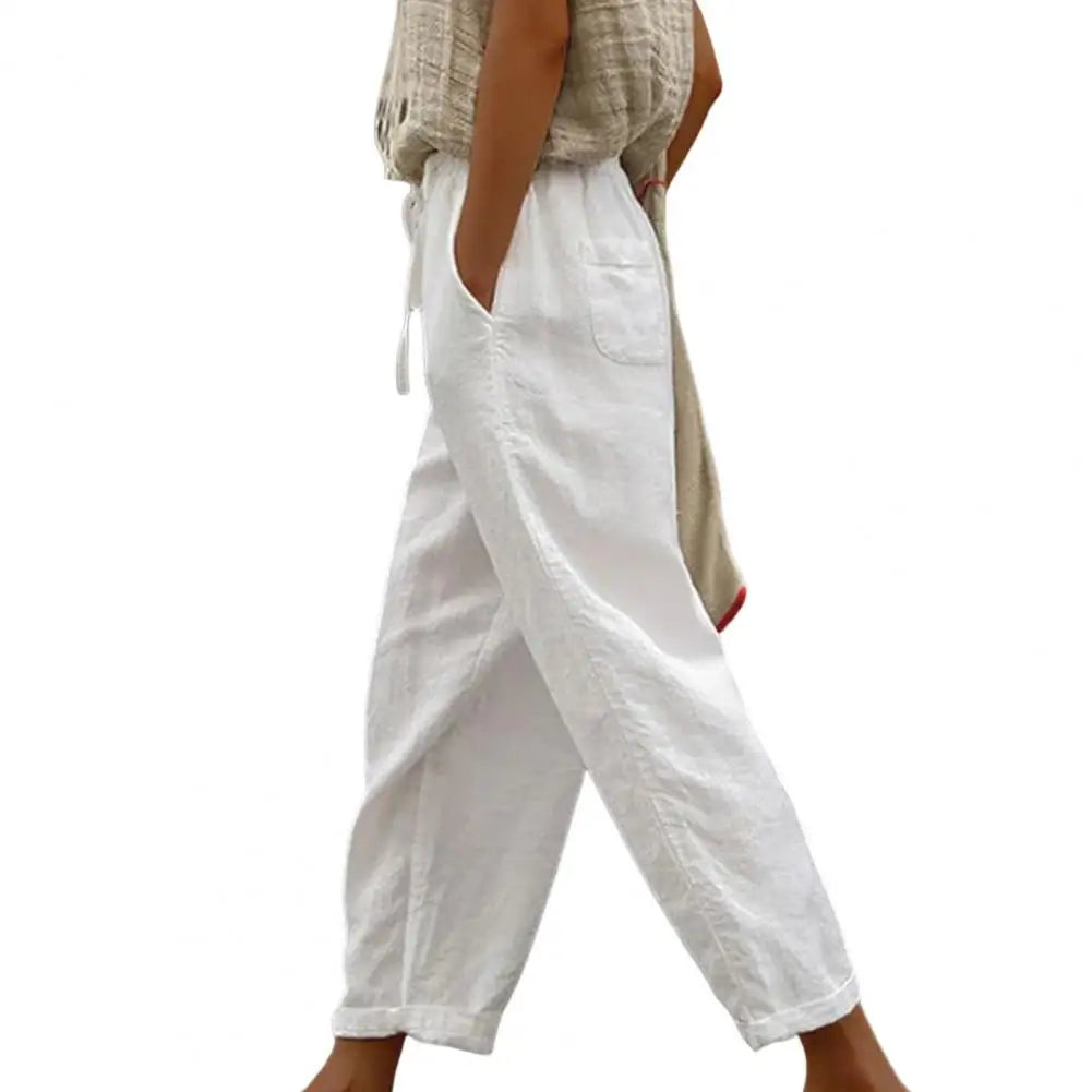 Elastic Waistband Drawstring Pockets Wide Leg Women Pants