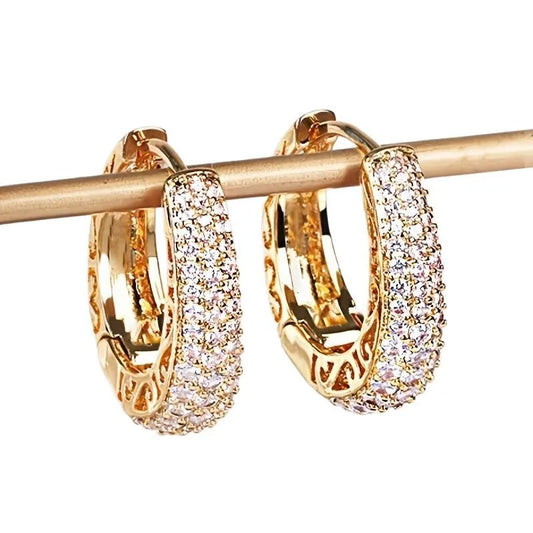 Gold Color Hoop Earrings Paved Dazzling CZ Stones