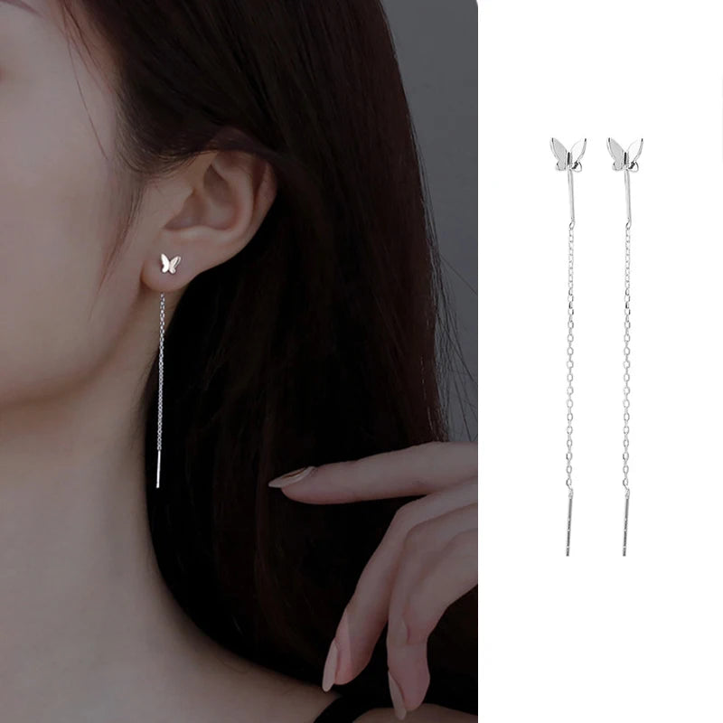 Silver Needle Star Line Tassel Drop Earring