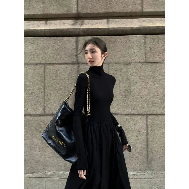 Black Hepburn Style, Gray Turtleneck Dress