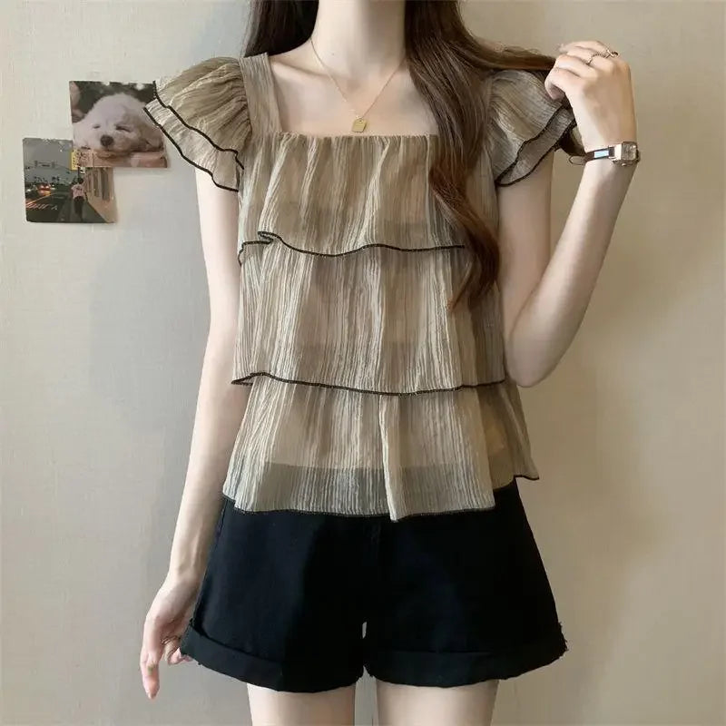 Short Sleeve Chiffon Blouse Ruffle Edge
