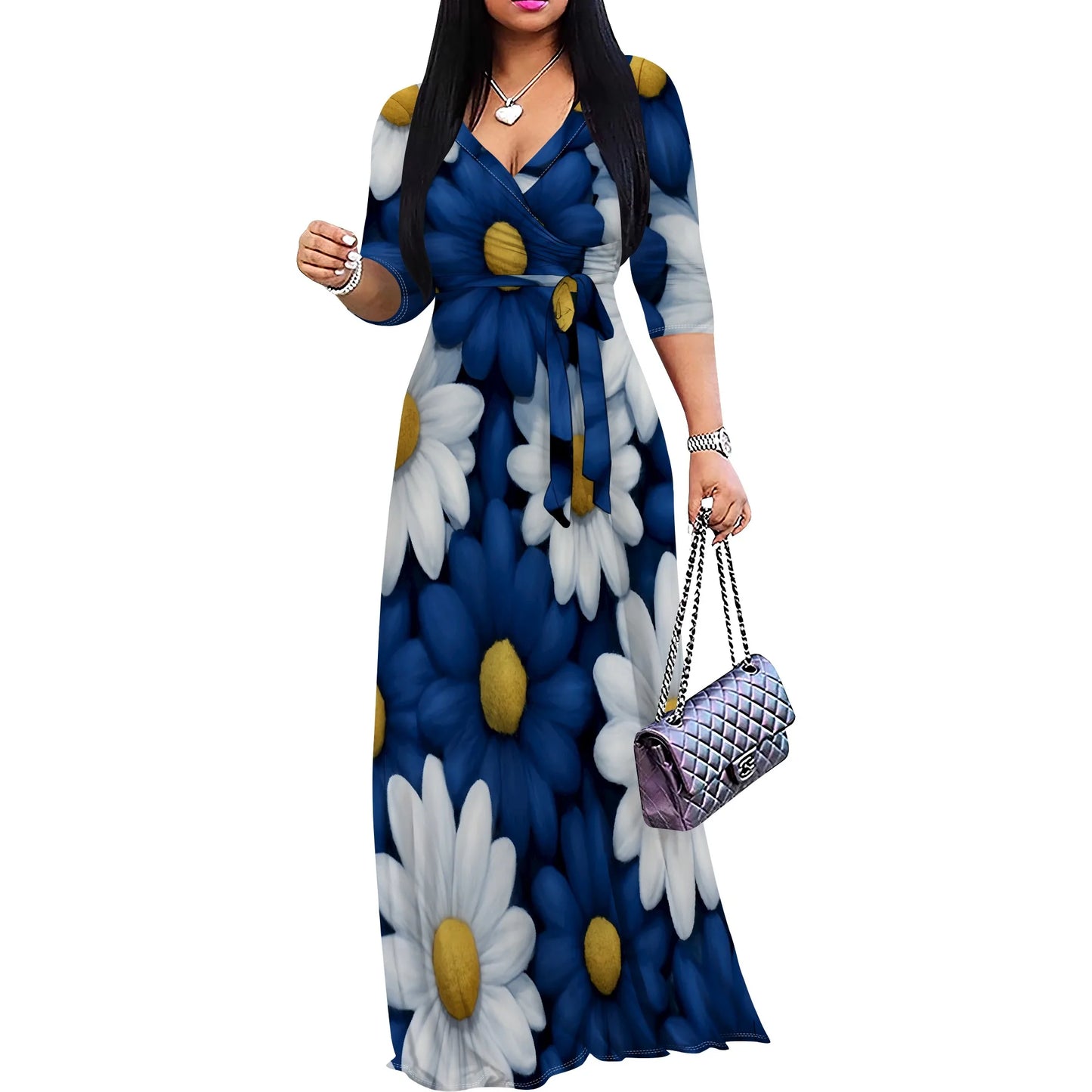 Plus Size Maxi Dress S-3XL V-Neck Wrap Belted