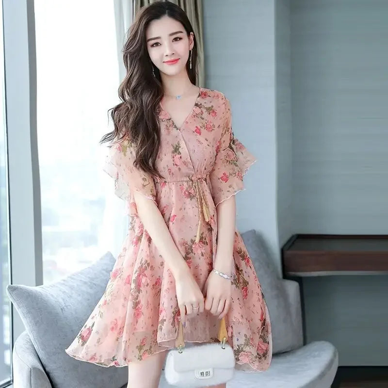 Short Sleeve Flower Floral Mini Dresses
