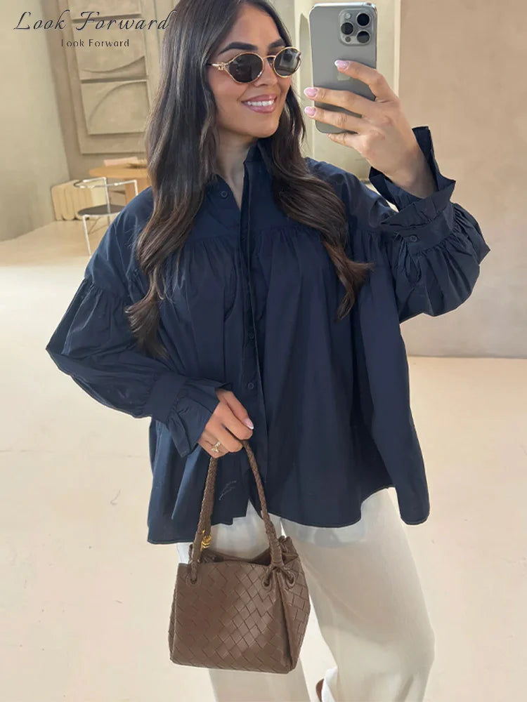 Lantern Sleeve Buttons Turn-Down Collar Pleated Blouse