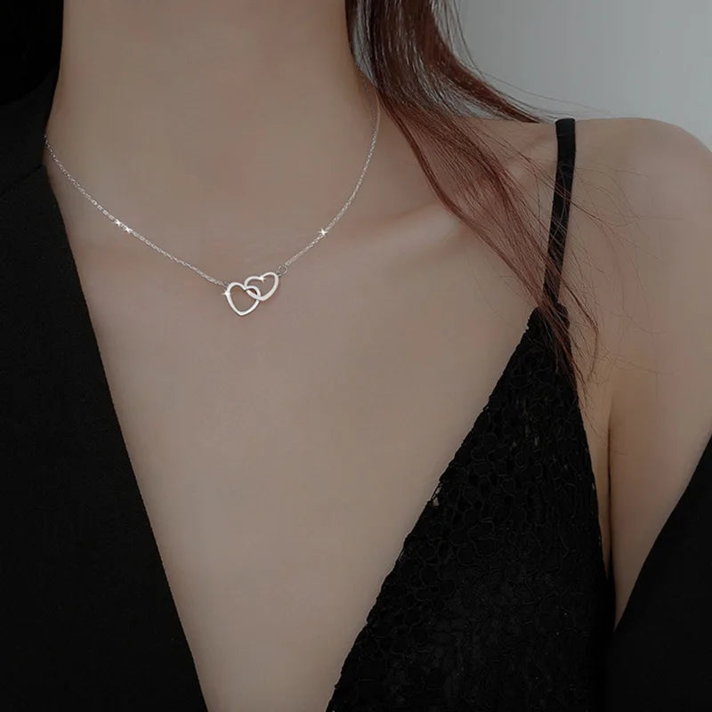 Simple Double Heart Pendant Necklace for Women