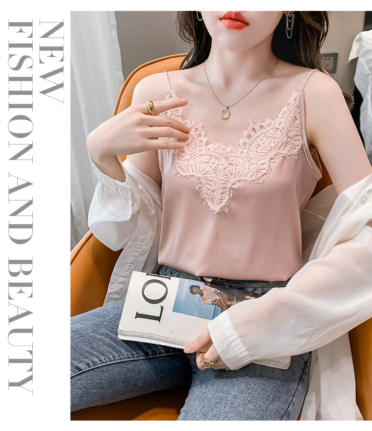 Silk Lace Sleeveless White Female Tank Top