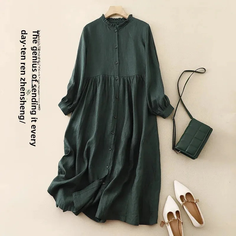 Washable Linen Cuff Sleeve Long Dress
