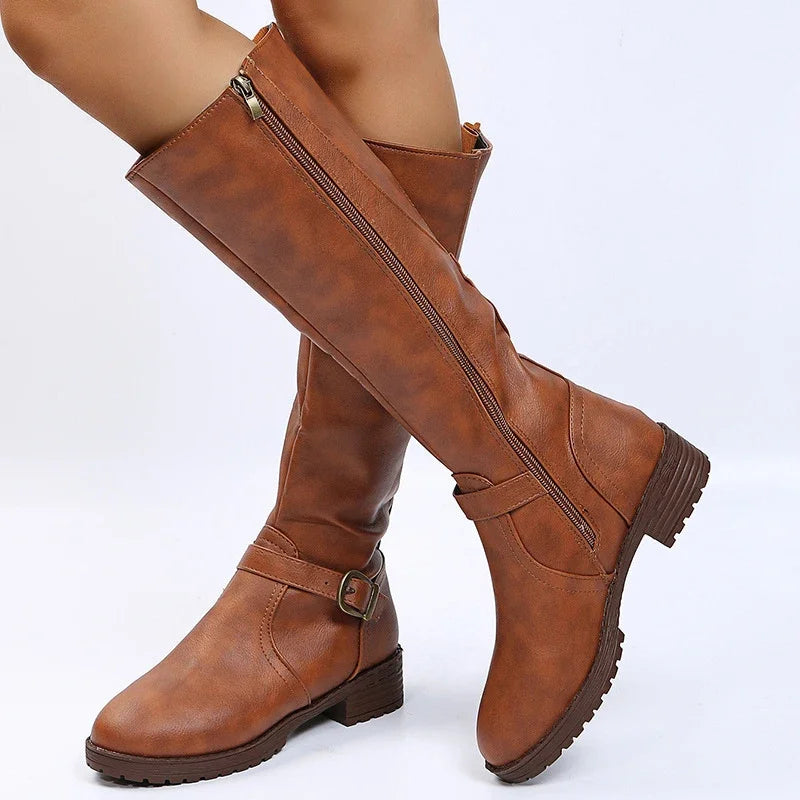 Knee High Boots Big Size  Leather Zip