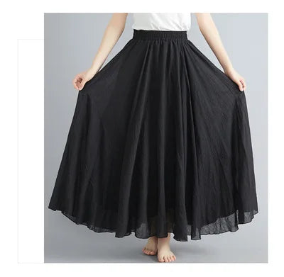 Cotton Linen Dress Elastic Waist Long Skirts