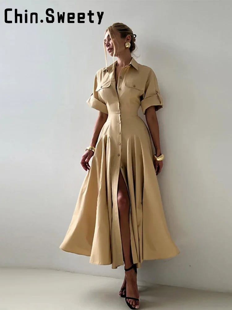 Khaki Long Dress Short Sleeve  A-line