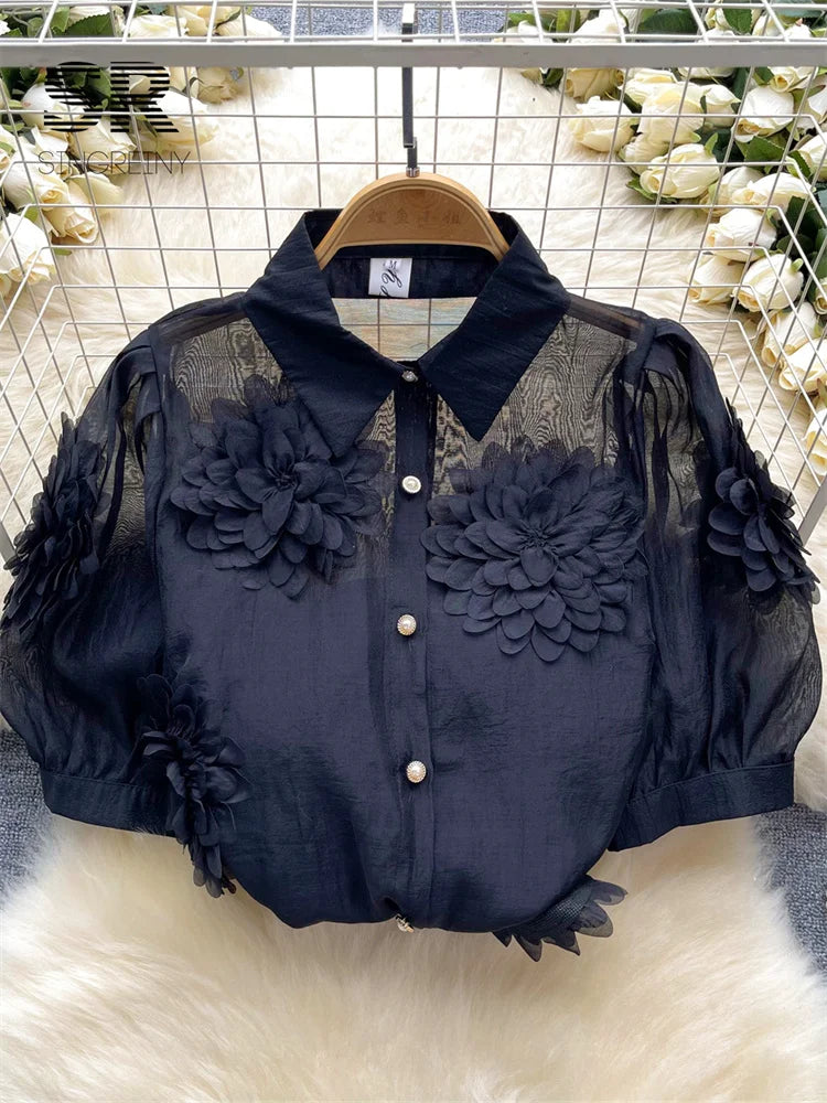Short Sleeves Pearl Fashion  Sheer Chiffon Shirt