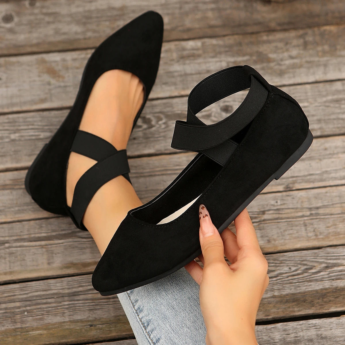 Flat Pointed Toe Elastic Strap Casual Shoes