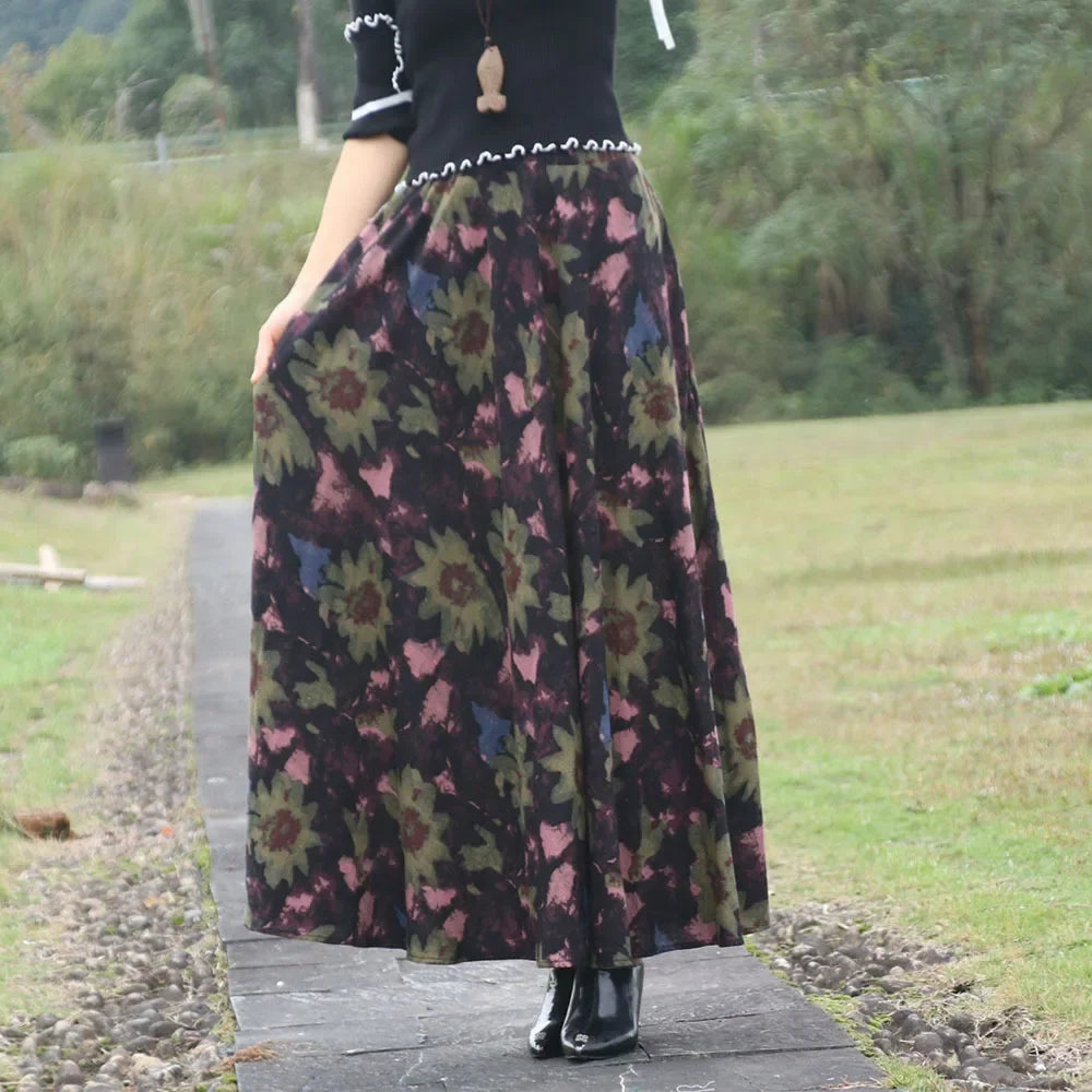 Cotton Linen Print Long Skirt Vintage