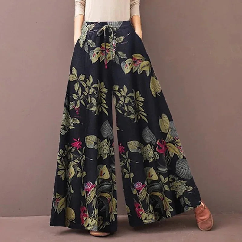 Women Floral Print Wide Leg Elastic Waist Pantalon
