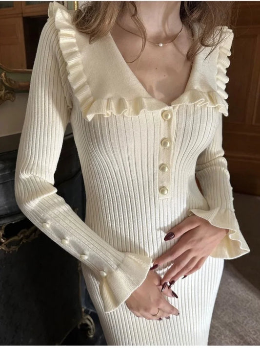 Winter Patchwork Ruffles Knitted Long Dresses