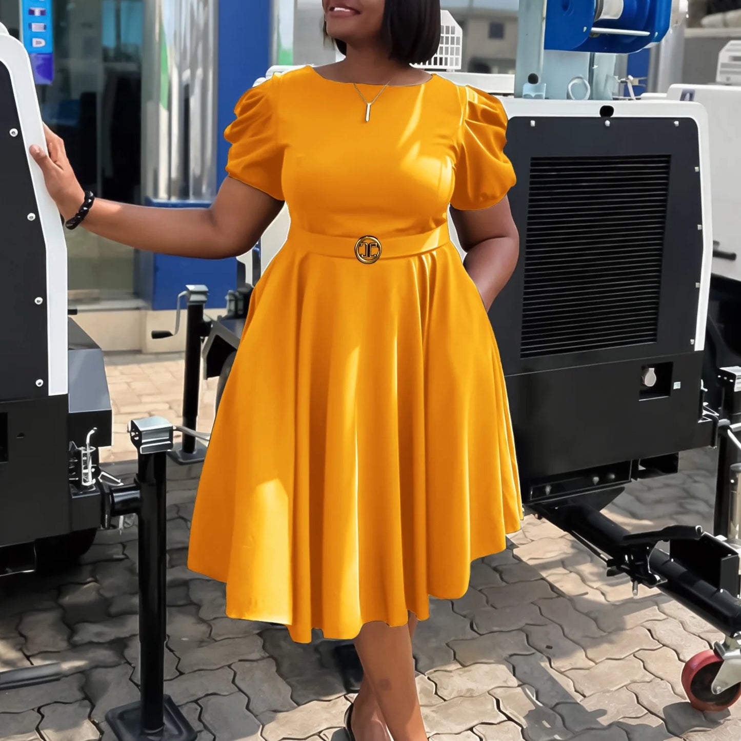 Short Sleeve Belt Waisted Pleated Mid Calf