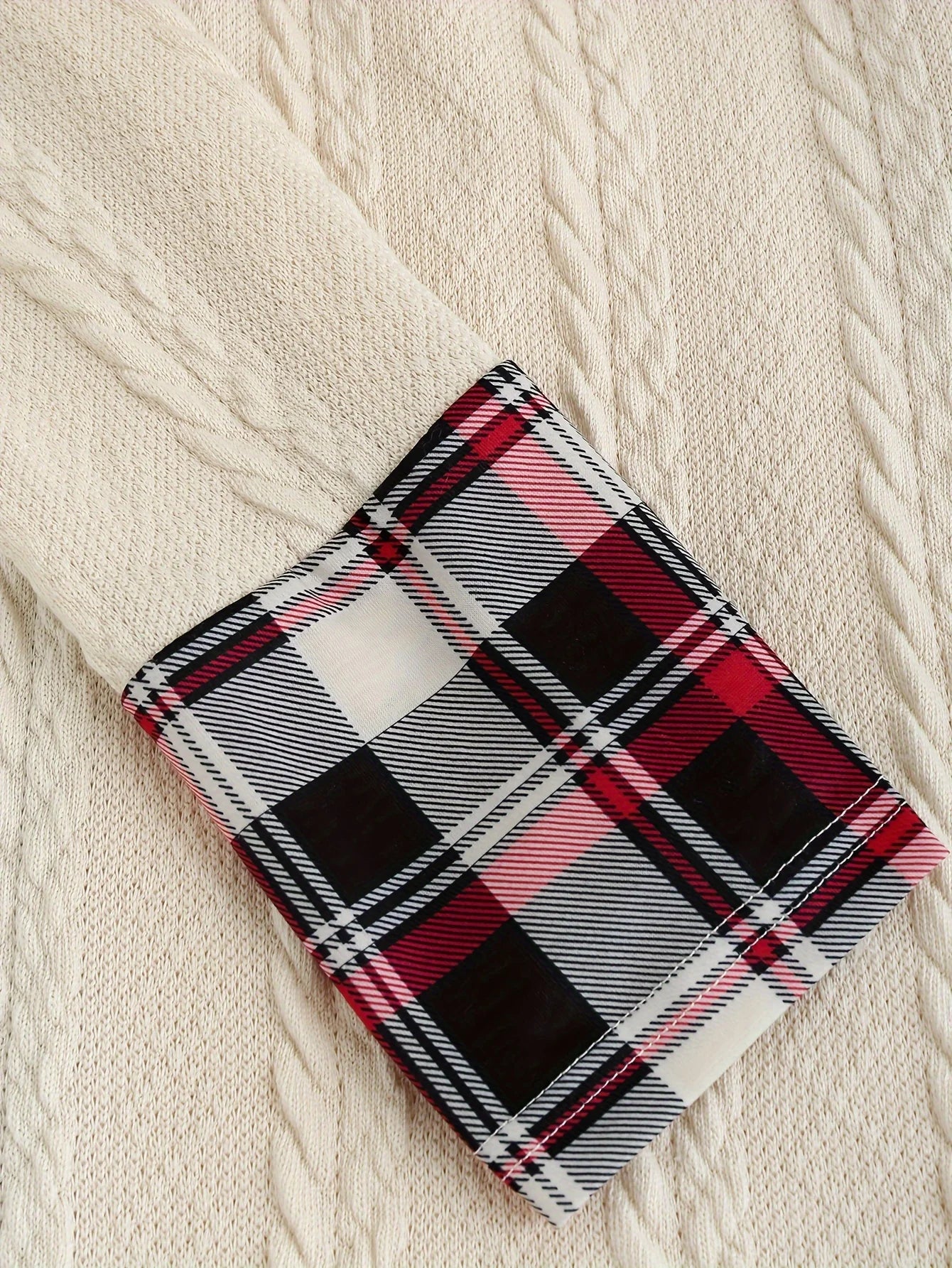 Knitted hooded plaid, fake buckle high waist