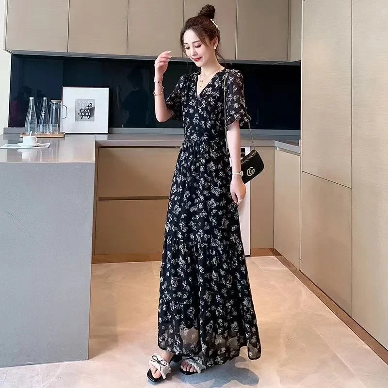 V-Neck Slimming Calf Length Dress