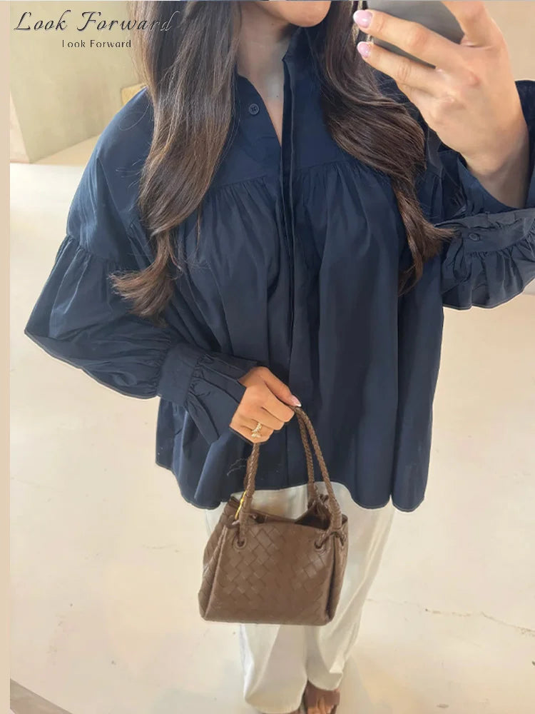Lantern Sleeve Buttons Turn-Down Collar Pleated Blouse