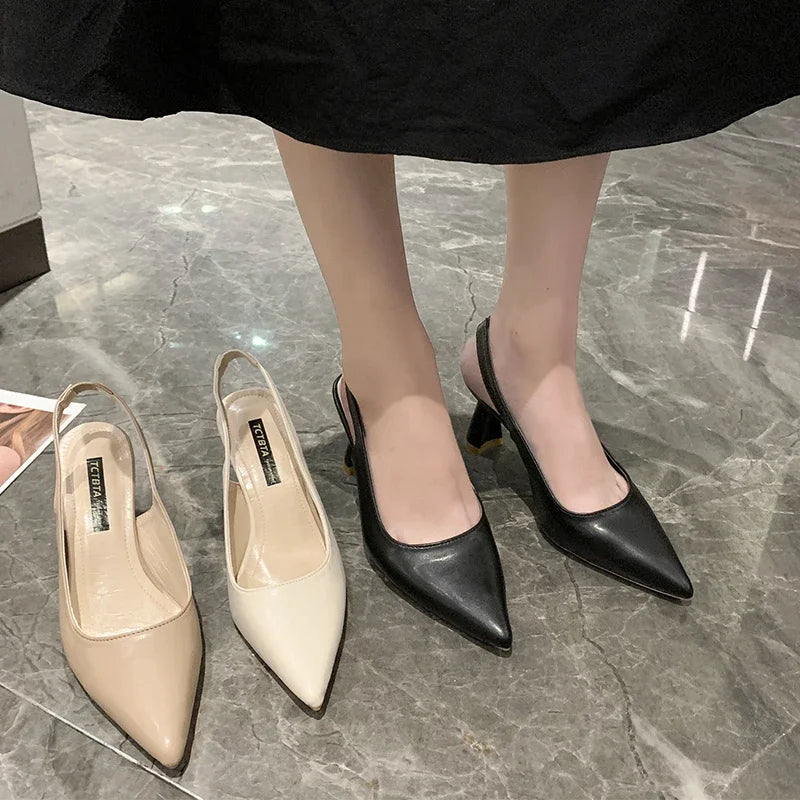 Summer Fashion New Pointed Toe Stiletto Heel Shallow Mouth Breathable PU Comfortable and Elegant Women's Shoes Sexy Sandals