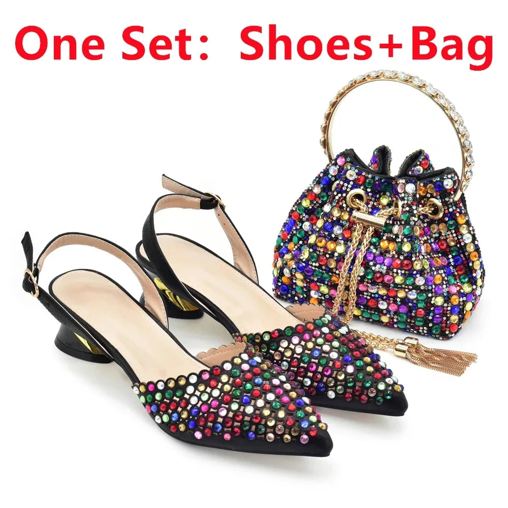 Italian Shoes with Matching Bags Decorated with Rhinestone