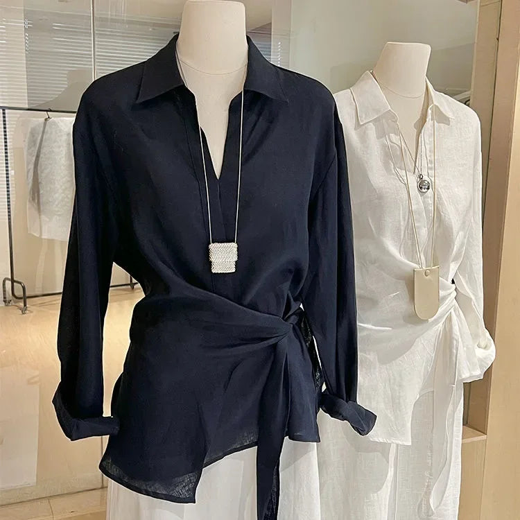 Loose Long Sleeve Asymmetrical Waist-Cinching  Top