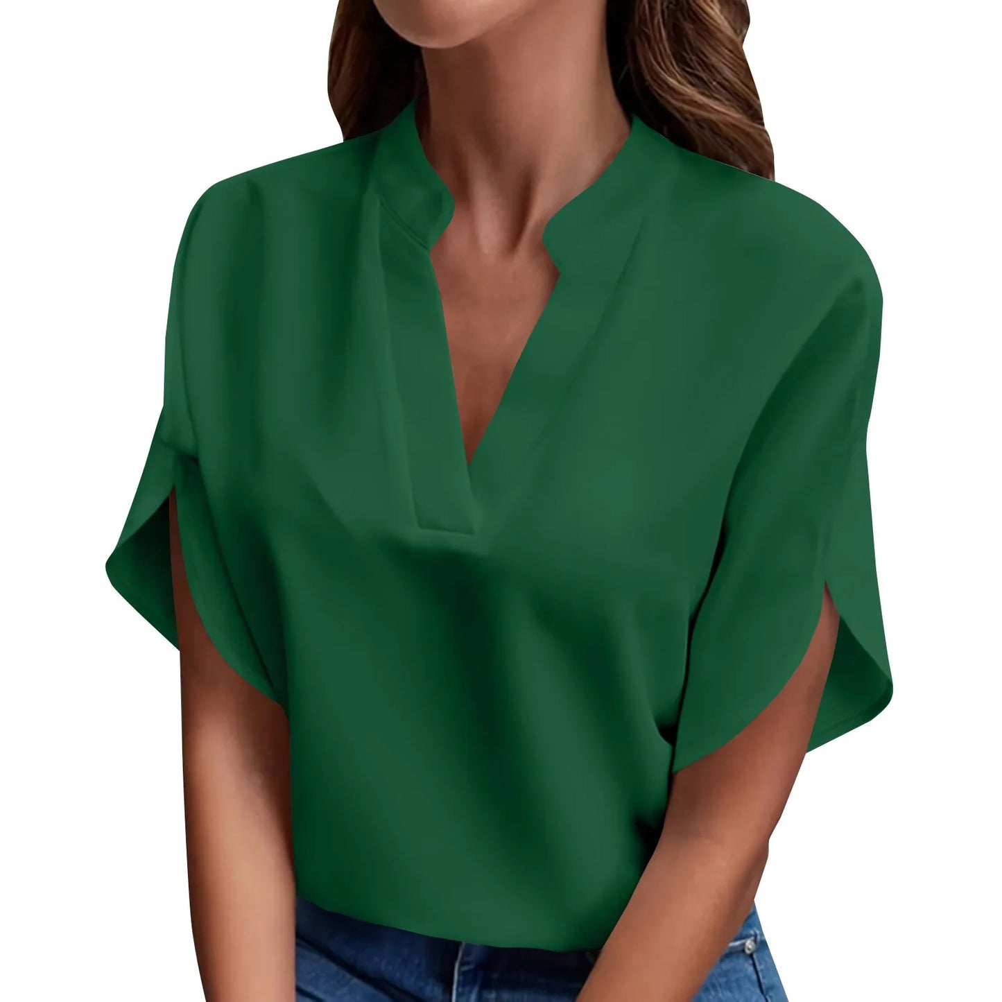 Short Sleeve Solid V Neck Loose Blouses