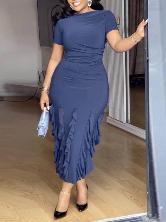 Short Sleeve Midi Dress Layered Ruffle Hem