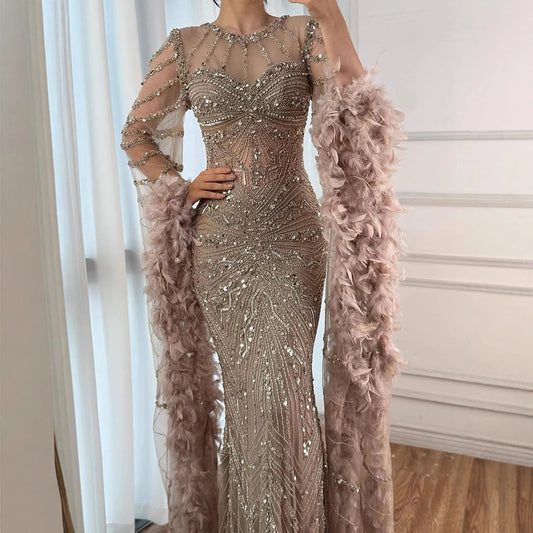 Customized Caramel Beaded Mermaid Evening Dress