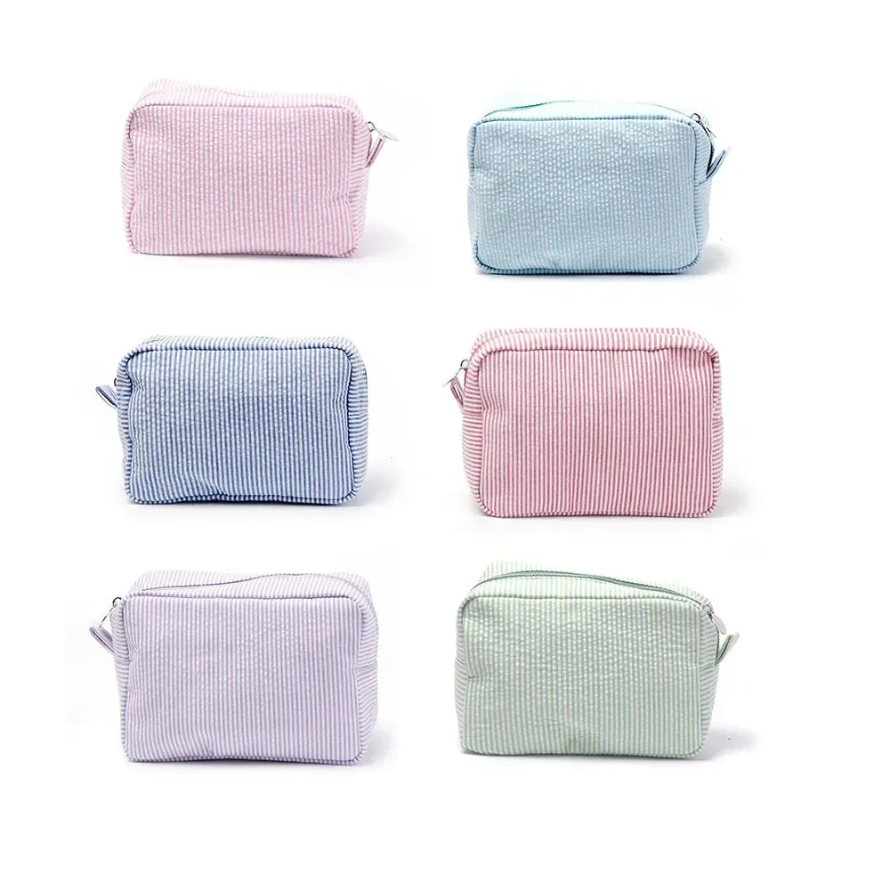 Seersucker Ruffle Cosmetic Travel Bag Makeup Bag
