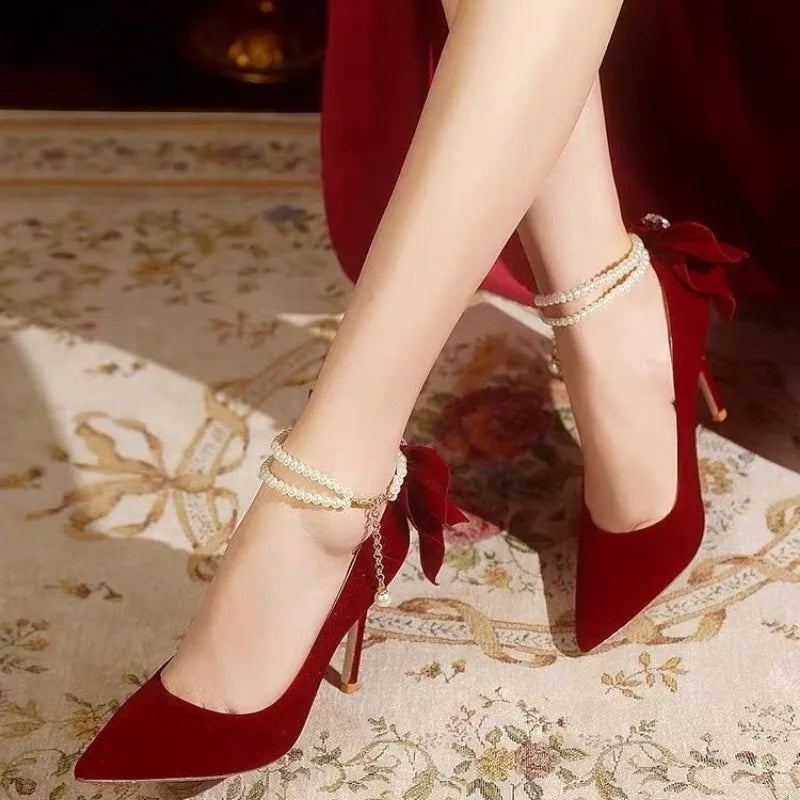 Red wedding shoes pointy stiletto high heels
