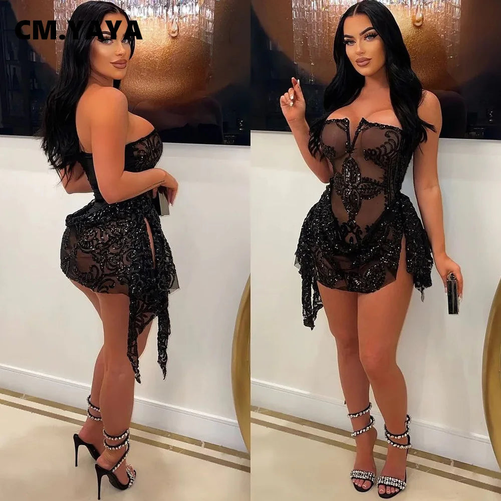 Strapless V-neck Fashion Sequined Sexy Dress