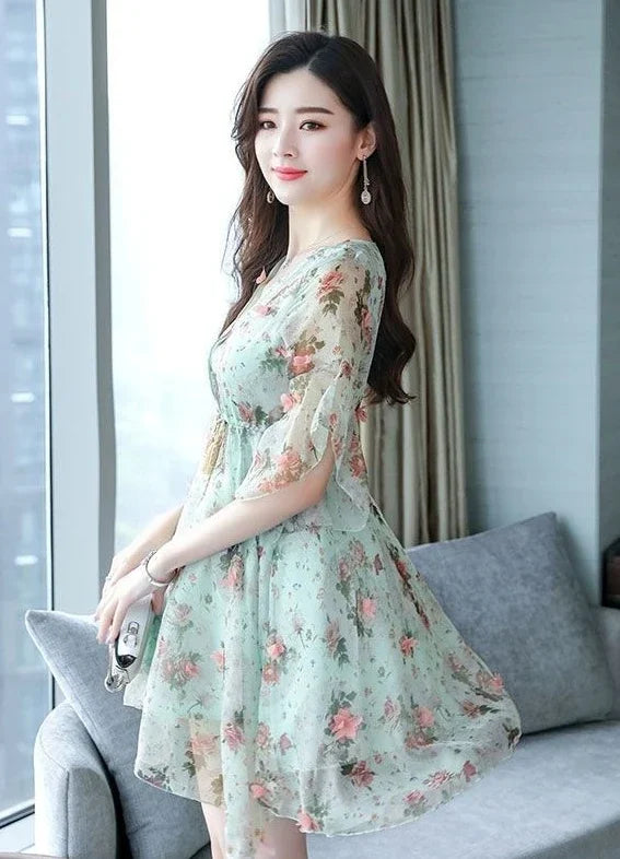 Short Sleeve Flower Floral Mini Dresses