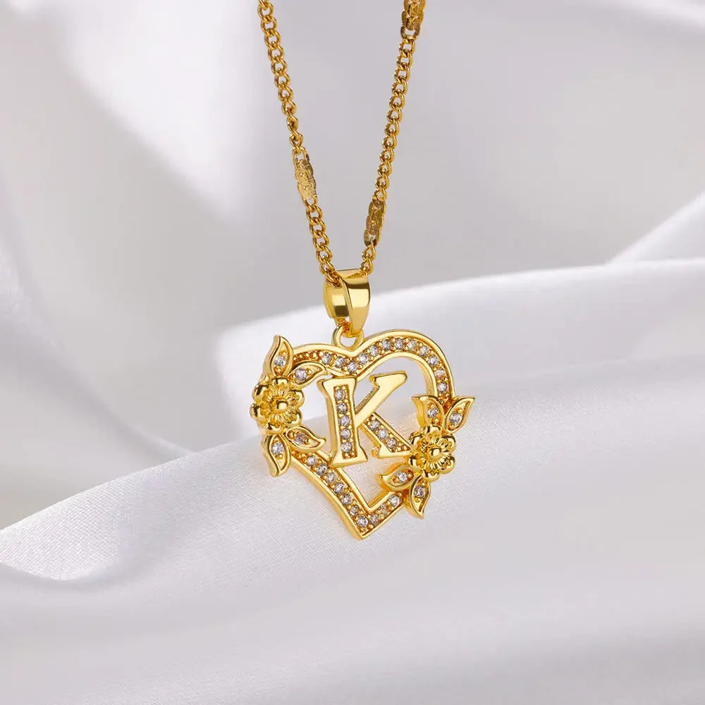 Heart Initial, Gold Color Stainless Steel Chain